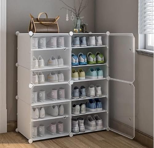 Owme Plastic Shoes Rack for Home, 4-Door 12-Shelf Portable Shoes Rack with Dustproof Door for Heels/Slippers/Boots, DIY Multi-Purpose Shoe Organizer, WHITE