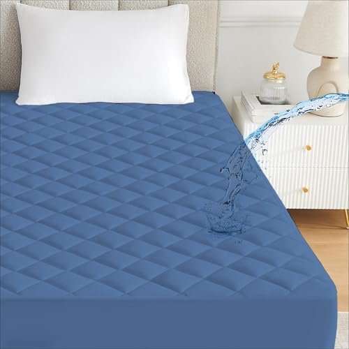 Ayka Waterproof Cotton Quilted Mattress Protector Queen Size Breathable Hypoallergenic Noiseless Ultra Soft Fitted Bed Protector 75x60 inch Mattress/Bed Cover (Med Blue, Queen (75 * 60”))