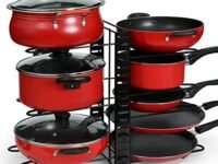 ABOUT SPACE Tabletop Pan & Pot Organizer Rack Stand -8 Shelves Heavy Duty Cast Iron Pot Pan Holder Shelf for Large Tawa, Cooker, Kitchen Utensils,Skillets,Griddles,Shallow Pot (38 X 20.5 X28 Cm) Black