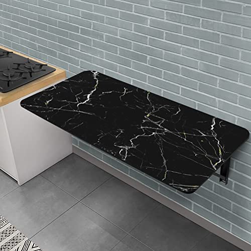 ABOUT SPACE Wall Mounted Table (48 x 24 in) - Small Space Foldable Utility Table, Multi-Functional for Study, Office, Laptop, Kitchen - Marble Style Finish Wall Brackets (L 4 x W 2 ft), Glossy Black