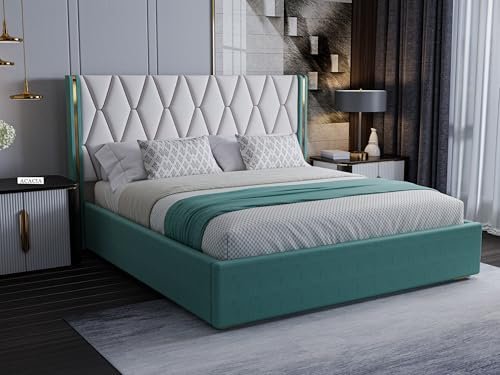 Acacia Modern Upholstered King Size Bed with Box Storage for Bedroom | Wooden Double Bed with Storage | Platform Cot Bed with Upholstery Premium Fabric | 6.5 x 6 Ft | Sheesham Wood (Greendust & White)