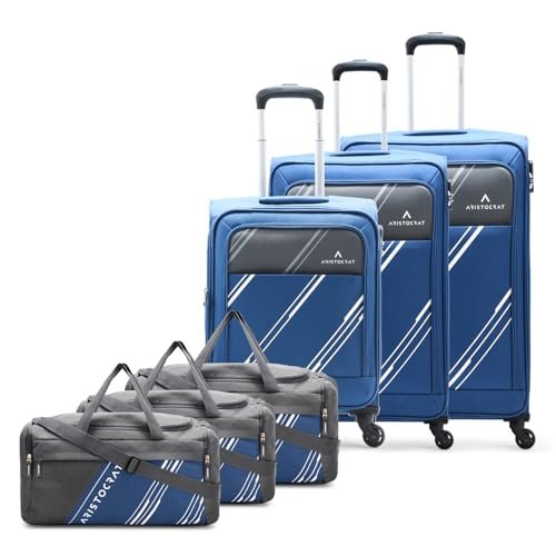 Aristocrat Polyester Trigon Hexa Luggage Set Of 6-3 Trolley Bags (Cabin 55Cm+69Cm+79Cm) & 3 Duffle Bags 52Cm For Travel With 5 Years International Warranty (Navy Blue,soft,4 Spinner)