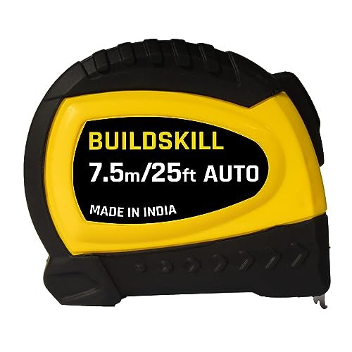 BUILDSKILL 7.5M Auto Lock Measuring Tape | Steel blade | Non slip TPR grip | Clear marking | 16mm width | Hand strap | Unbreakable ABS case | One click retraction | buckle | 24ft Inch measure tape