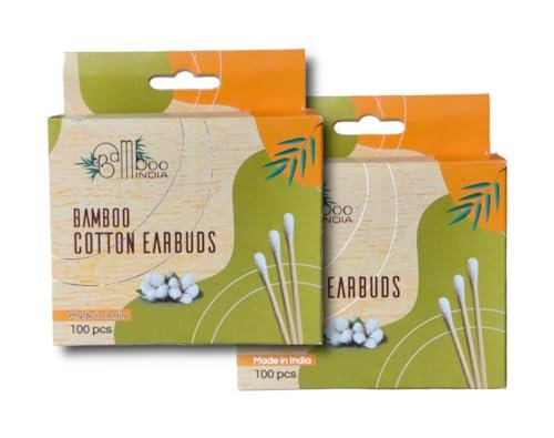 BambooIndia Bamboo Earbuds Cotton - Adults/Kids - Pack Of 2-(200 Bamboo Sticks-400 Cotton Swabs) - Soft & Natural - Multipurpose Cotton Swabs - QTips - Eco-Friendly & Biodegradable - Ear Cleaning Buds