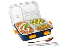 Brand Conquer Lunch Box 3 Compartment Leak-Proof BPA Free Stainless Steel for School, Lunch Box for School & Office with a Fork, a Spoon and a Pair of Chopsticks (3 Compartment, Blue)