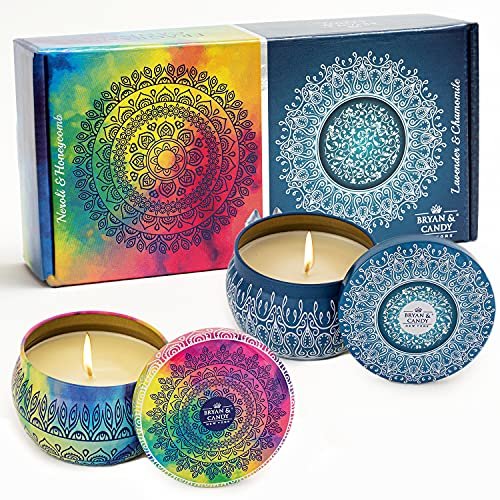 Bryan & Candy Scented Candles Gift Set for Women & Men, Neroli & Honeycomb | Lavender & Chamomile,100 gm Each Soy Wax Eco-Friendly Printed Tin