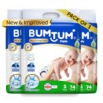 Bumtum Baby Diaper Pants, Small Size, 222 Count, Double Layer Leakage Protection Infused With Aloe Vera, Cottony Soft High Absorb Technology (Pack of 3)