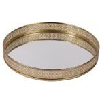 Craft Brio -A TRENDY HANDICRAFTS Round Glass Mirror Gold Plated Tray Decorative Vanity Perfume Storage Pooja Wedding Gifting Display Laser Cutting Trays (25 X 3 H cm)