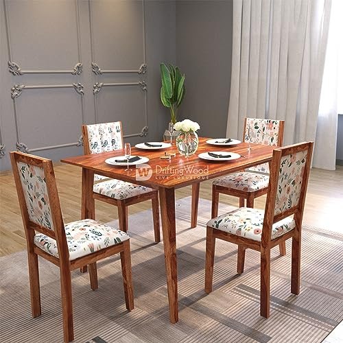 DRIFTINGWOOD Tiya Solidwood Dining Table 4 Seater with Floral Design Cushions | Four Seater Dinning Table with 4 Chairs for Home | Rosewood, Honey Finish, Self Assembly(DIY)