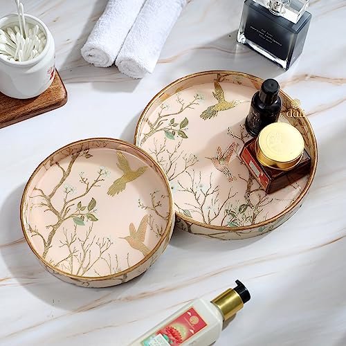 DULI Set of 2 MDF Wood Trays Enamel Coated| Round Trays Set of 2 | Serving Trays | Wooden Tray | Kitchen&Dining Decorative | Resin Tray | Handmade | 7x7 & 9x9 inches (Setof2Round: PinkGoldBirds)