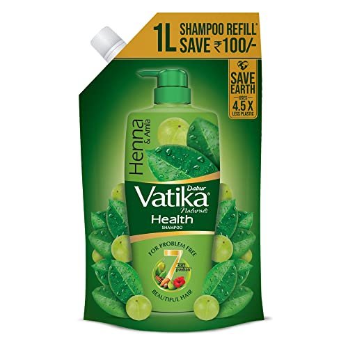 Dabur Vatika Health Shampoo - 1L (Refill Pouch) | With 7 natural ingredients | For Smooth, Shiny & Nourished Hair | Repairs Hair damage, Controls Frizz | For All Hair Types | Goodness of Henna & Amla