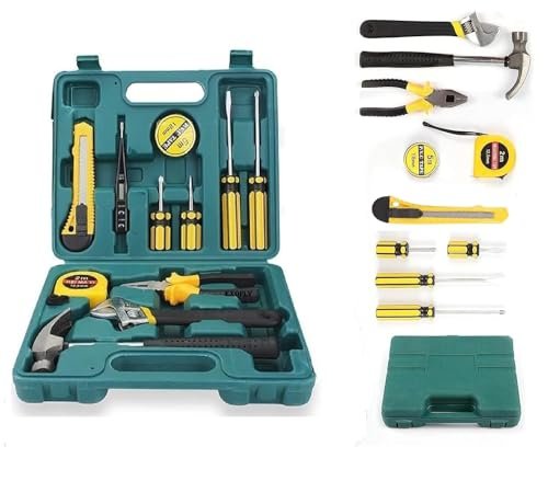 EXOFLY 12 In 1 Electrical Repair Home Hand Tool Kit Set With Screwdriver,Hammer,Measuring Tape,Wrenches,Cutter & Pliers All Accessories Hardware Tool Box Mechanical Garage Tool Storage Kit(Multicolor)