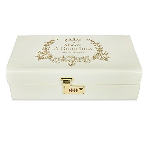Elan Vintage Style Metal Long Trunk Paris Box Decorative Storage Box with Gold Accents Lockable Treasure Chest Jewelry Box and Gift Trunk for Home Décor (Off White)