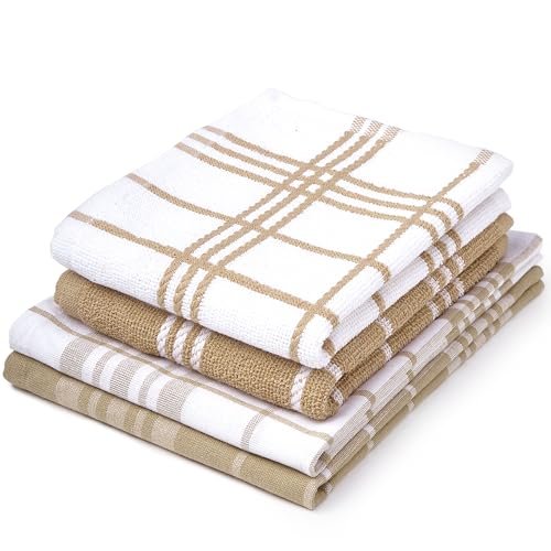 Encasa XO Kitchen Towels and Dish Cloths Sets | Beige Non Terry + Terry Highly Absorbent Cotton Terry Towels | 70x45 cm | Multipurpose for Washing Dishes and Cleaning Pack of 4