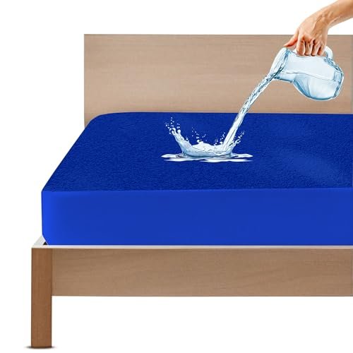GADDA CO 100% Waterproof Premium Cotton Feel Mattress Protector Twin Bed 75x48 Inch|Ultra Soft Breathable & Hypoallergenic Fitted Bed Protector Terry Cover(6.3x4 feet, Fits Upto 10 Inches, Royal Blue)