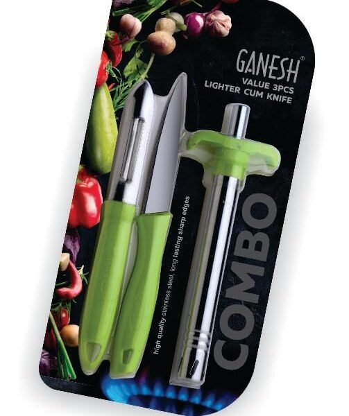 Ganesh Stainless Steel Gas Lighter with Knife & Peeler for Kitchen Use Restaurants Metal Gas Stove Lighter Regular Size Easy Grip, 3-Piece, Colour May Vary Colour