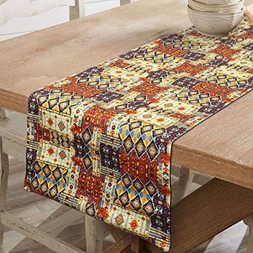 HOKIPO Poly Cotton HD Printed Heat Resistant 4 Seater Dining Table Runner, 13X60 Inches, Diamond (IN-308-D4)