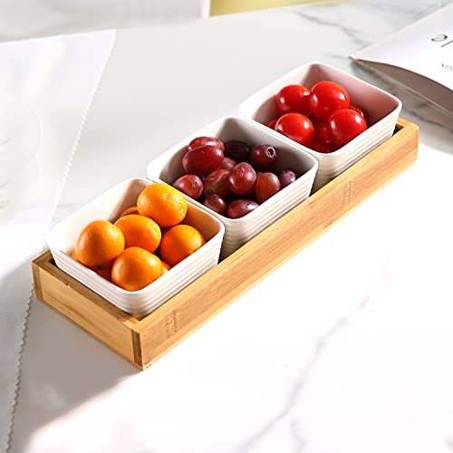 HOKIPO Wooden Rectangular Serving Tray Platter For Snacks With Ceramic Bowls (Ar-4653)