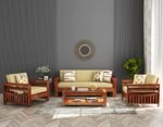 Home furniture Wooden Sofa Set for Living Room and Office 5 Seater (Raiden (Natural Teak Finish,Cream Color Cushions))