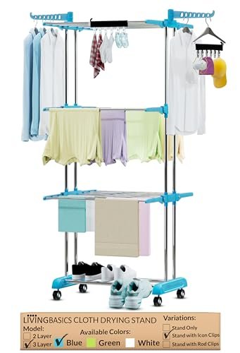 LIVINGBASICS 2 Icon Clips with 3 Layer Clothes Stand for Drying/Cloth Stand for Drying Clothes/Cloth Stainless Steel Dryer Rack (Cyan Blue), 64 x 74 x 174 cm