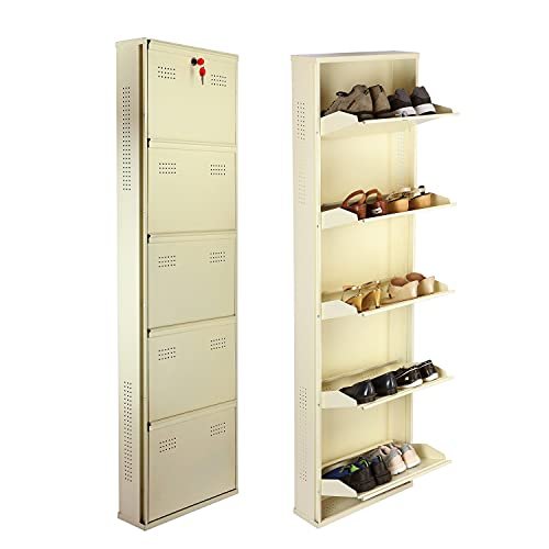 Laxmi KAPAT 5 Door Metal Wall Mounted Shoe Rack Stand for Home with Central Locking, Can Hold Upto 20 Shoes Pair, 3 Year Warranty (67 x 20 x 6 Inch, Ivory)