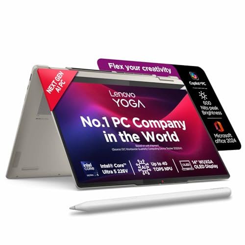 Lenovo Yoga 7 2-in-1 Intel Evo Core Ultra 5 226V (16GB RAM/1TB SSD/14 (35.5cm)/WUXGA OLED/Copilot+ PC/Windows 11/Office Home 2024/Yoga Pen/1Yr ADP/Seashell/1.38Kg), 83JQ000XIN Convertible Laptop