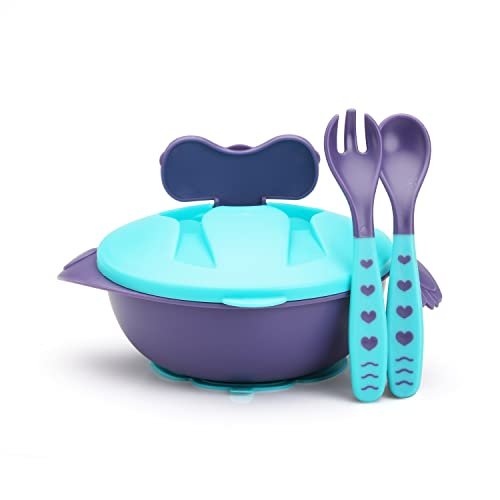 LuvLap Baby Feeding Bowl with Lid, Spoon & Fork Set, for Feeding & Weaning, Baby Tableware Set, Soft First Stage Feeding Baby Bowl with Divider Plate & Spoon Set for Baby & Kids (Blue)