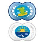 MAM Silicone Crystal Pacifier (2 Pack, 1 Sterilizing Pacifier Case), Pacifiers 6 Plus Months, Baby Boy Pacifier, Best Pacifiers For Breastfed Babies, Designs May Vary