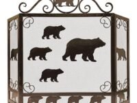 Metal Heavy Foldable Fireplace Screen with Bears in Brown Metal Mesh Rustic Western Country Style