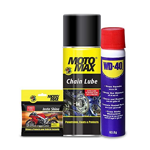 Motomax 2W Grooming and Maintenance Kit 2 - Instashine Polish in Sponge 4U, Chain Lube Spray 100 ml, WD 40 Spray 63.8 g
