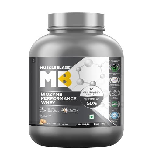 MuscleBlaze Biozyme Performance Whey Protein Powder, Butter Cookie (2kg / 4.4lbs) | 25g Protein Per Scoop | Clinically Tested 50% Higher Protein Absorption