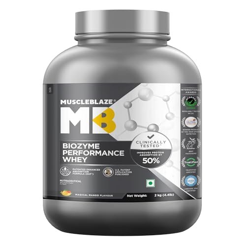MuscleBlaze Biozyme Performance Whey Protein Powder, Magical Mango (2kg / 4.4lbs) | 25g Protein Per Scoop | Clinically Tested 50% Higher Protein Absorption