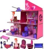 OnPlay Wooden Doll House | Big DIY Colorful Dollhouse | 3-Story Malibu Townhouse with 3 Rooms, balcony & Rooftop Pool Lounge, 10 piece colorful Furniture & Accessories | Pretend Doll Playset for Girls