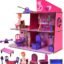 OnPlay Wooden Doll House | Big DIY Colorful Dollhouse | 3-Story Malibu Townhouse with 3 Rooms, balcony & Rooftop Pool Lounge, 10 piece colorful Furniture & Accessories | Pretend Doll Playset for Girls