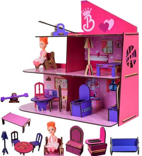 OnPlay Wooden Doll House | Big DIY Colorful Dollhouse | 3-Story Malibu Townhouse with 3 Rooms, balcony & Rooftop Pool Lounge, 10 piece colorful Furniture & Accessories | Pretend Doll Playset for Girls