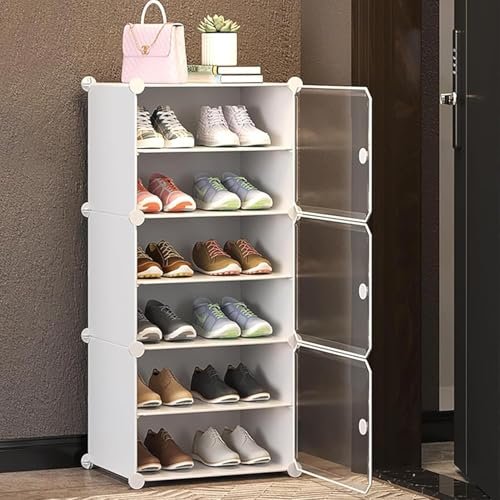 Owme Plastic Shoes Rack for Home, 3-Door 6-Shelf Portable Shoes Rack with Dustproof Door for Heels/Slippers/Boots, DIY Multi-Purpose Shoe Organizer, WHITE