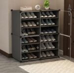 Owme Plastic Shoes Rack for Home, 4-Door 12-Shelf Portable Shoes Rack with Dustproof Door for Heels/Slippers/Boots, DIY Multi-Purpose Shoe Organizer, GREY