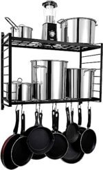 Rifa Artism Iron Large Size Wall Mounted 2-Tier Kitchen Spice Rack Organizer With 10 S Hooks For Kitchen Storage, Black, Hanging Shelves