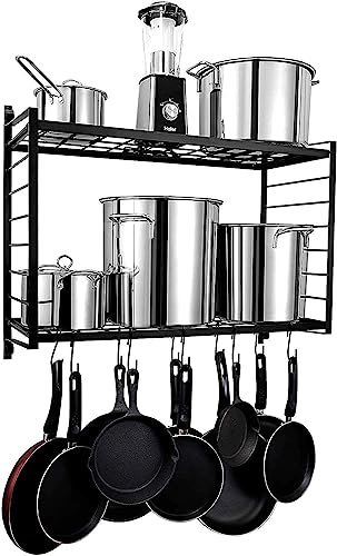 Rifa Artism Iron Large Size Wall Mounted 2-Tier Kitchen Spice Rack Organizer With 10 S Hooks For Kitchen Storage, Black, Hanging Shelves