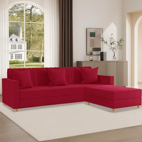 SOFA SANCTUARY-4 Seater - L Shape Convertible Sofa Set for Living Room Furniture Set, Modular Sectional Couch for Small Space, Upholstery-Velvet Fabric (Red)