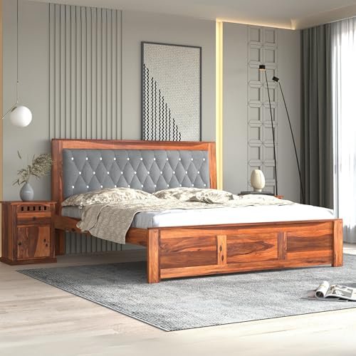 SONA ART & CRAFTS Sheesham Wood King Size Bed Without Storage + 2 Bedside | Solid King Size Cot Upholstered Cushioned Double Bed Furniture for Bedroom Home - Natural Finish, K_11 (Assembly Included)