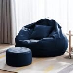 Swiner 4XL Bean Bag with Footstool & Cushion Ready to Use Filled with Beans | Faux Leather Bean Bag Chair for Home (Navy Blue, XXXXL)