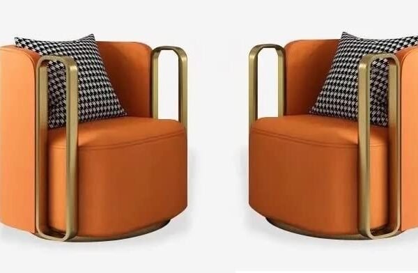 T&T Co. Swivel Luxury Revolving Swivel Chair with Pure SS Armrest with Pillow Single Seater Sofa Chair Accent Chair Premium Fabric Living Room Lounge Bedroom. (7) Orange, Set of 2 Chairs