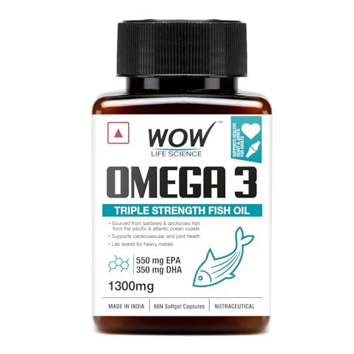 WOW Life Science Omega-3 Fish Oil 1300 mg Triple Strength - 550mg EPA & 350mg DHA for Joints, Heart & Brain Health 60 Capsules