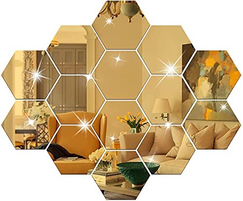 WallDaddy Super Hexagonal Wall Decor (14PCS) Golden Acrylic Mirror for Wall Stickers for Bedroom | Mirror Stickers for Wall Big Size (10.5x12.1) Cm Sticker Decoration, Unframed