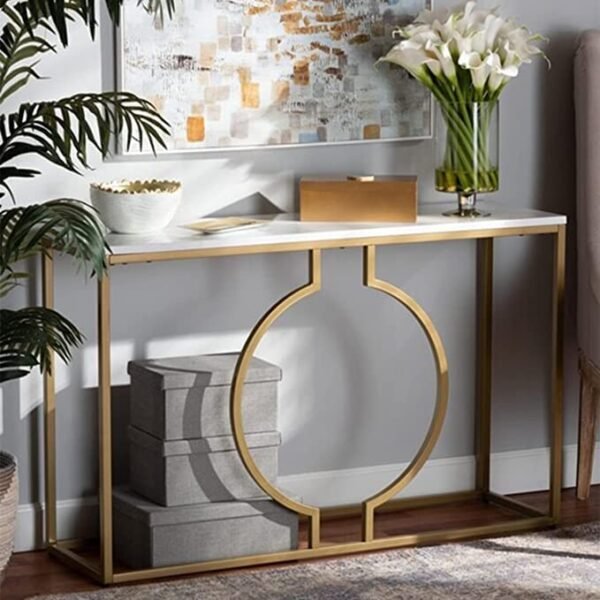 Z Impex Modern Ring Console Table in Golden Finish, Long/White MDF Living Room Wood/Metal (Gold),