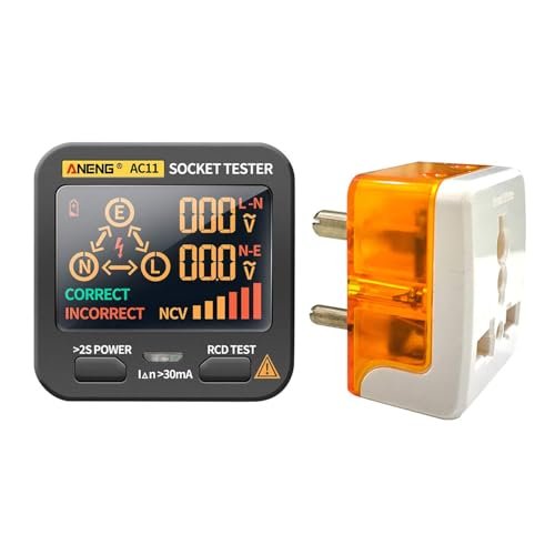amiciSense RCD Socket Tester, Large LCD with Live Voltage and Leakage Display, Automatic Earth Neutral Line Wire Check Wall Plug Voltage and Leakage Tester, 230VAC