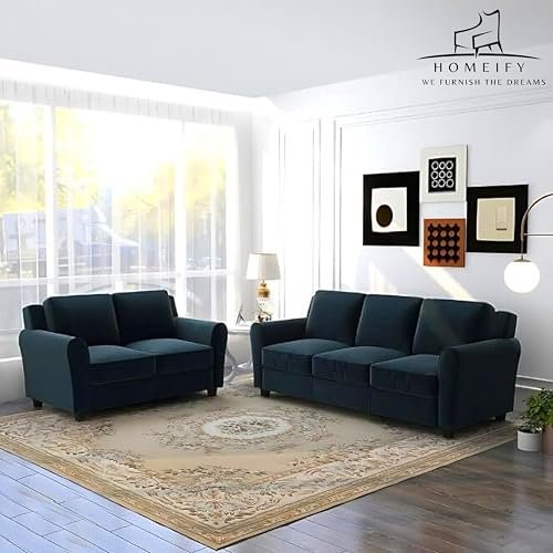 groovecraft Charlotta Wooden 5 Seater Sofa Set Loveseat Sofa,Modern Fabric Sofa Fabric Sofa for Living Room (Premium Velvet, Grey)