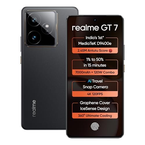 realme GT 7 (IceSense Black,12GB+512GB)| India's 1st MediaTek Dimensity 9400e Chipset | Strongest Battery Combo 7000mAh + 120W | AI 4K 120FPS Travel Camera | 360° Cooling IceSense Design with Graphene