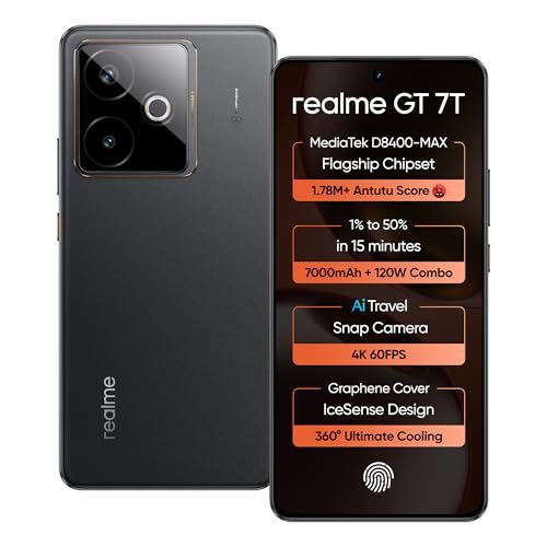 realme GT 7T (IceSense Black,12GB+256GB) | MediaTek D8400 MAX | Strongest Battery Combo 7000mAh + 120W | AI 4K 60FPS Travel Camera | 360° Cooling IceSense Design with Graphene | 6000 nits Display